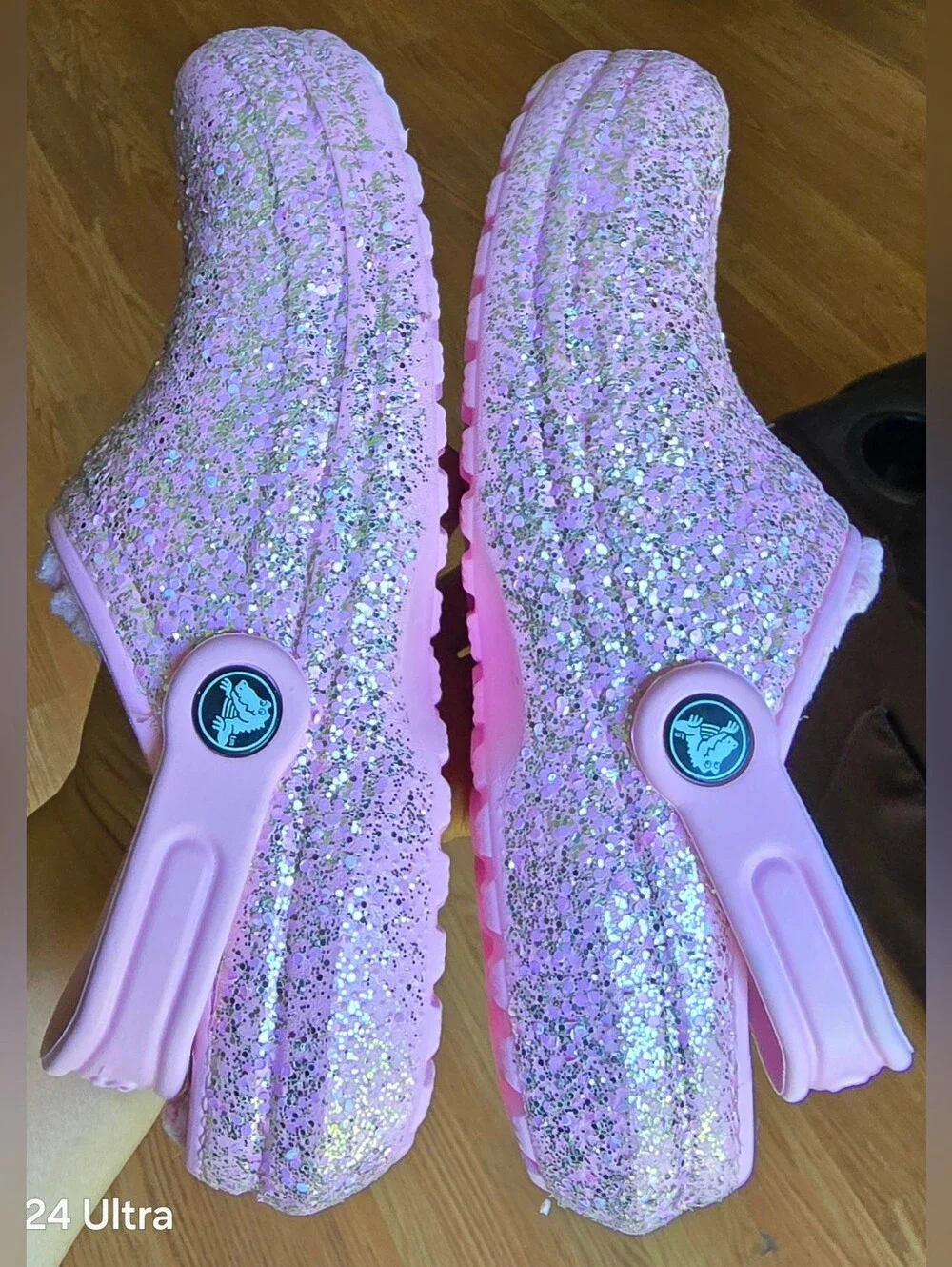 Sz 3 Little Girl's CROCS CLASSIC PINK  GLITTER LINED comfort Clogs